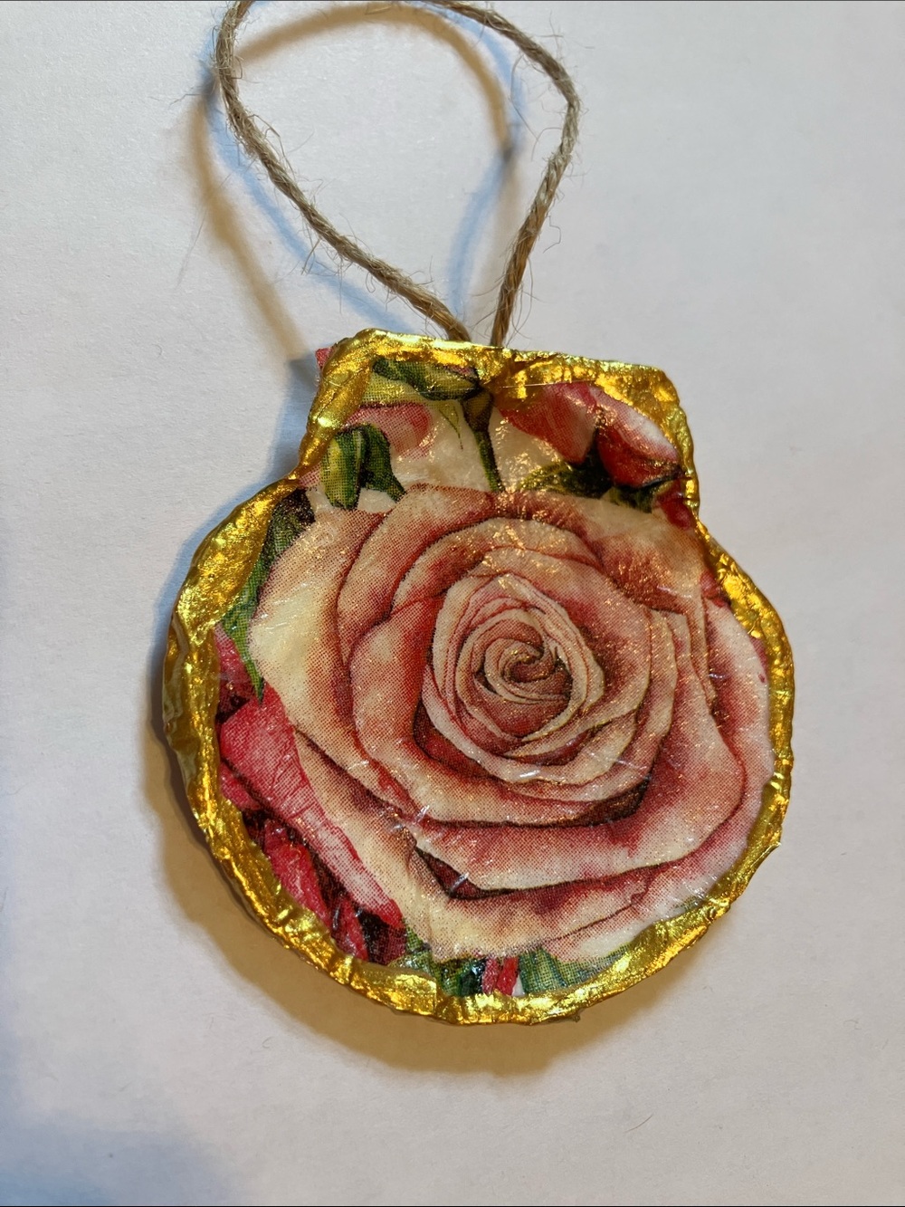Handcrafted Seashell Ornament Floral Pink Decoupage 3 inch